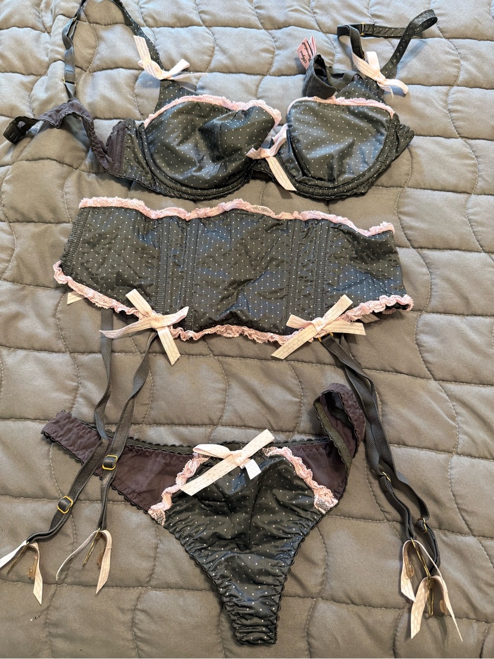 Agent Provocateur Charcoal Gray Polka Dot Lingerie Set with Pink Trim